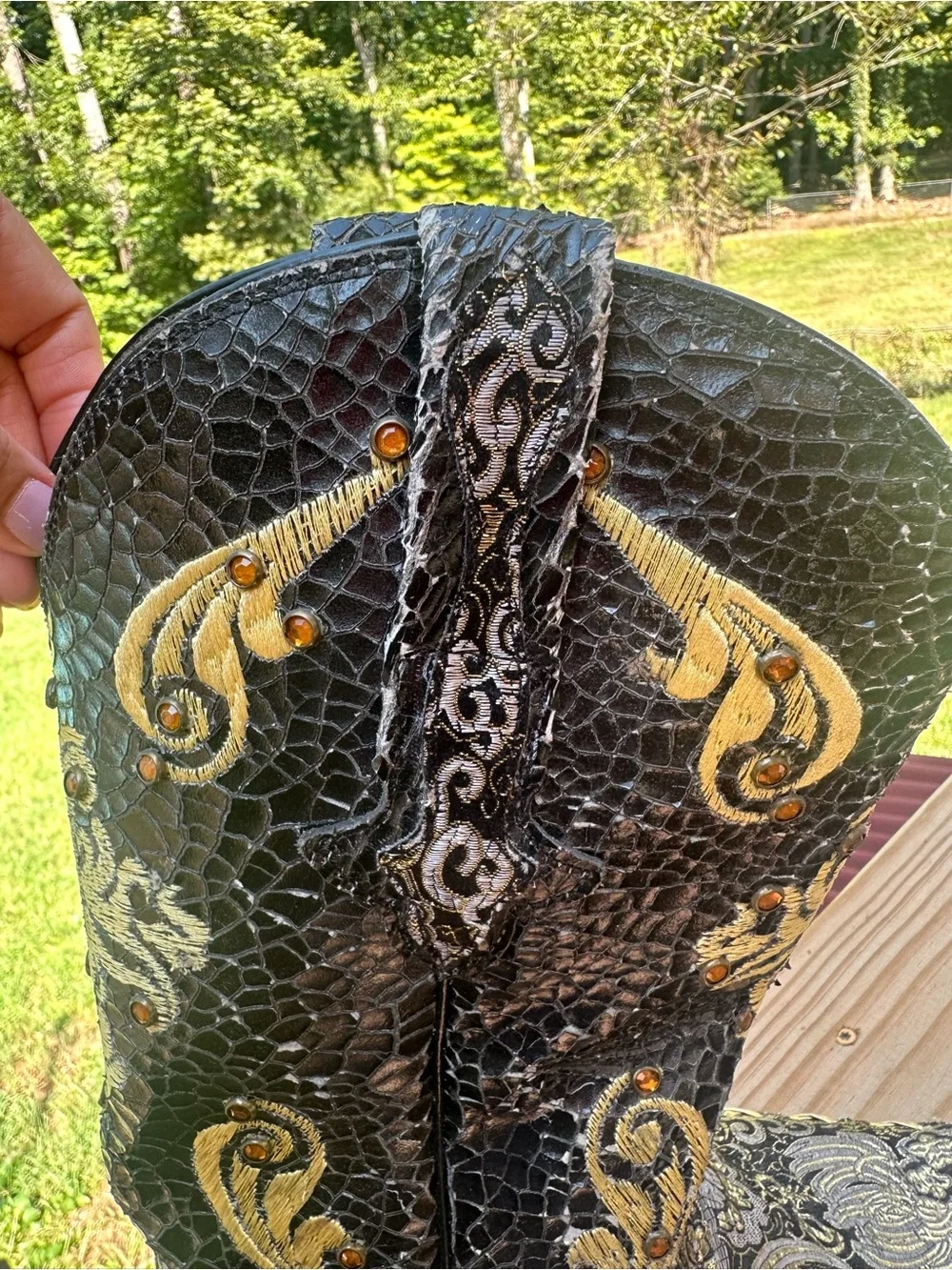 Black Embossed Leather Western Cowboy Boots with Gold Stitching